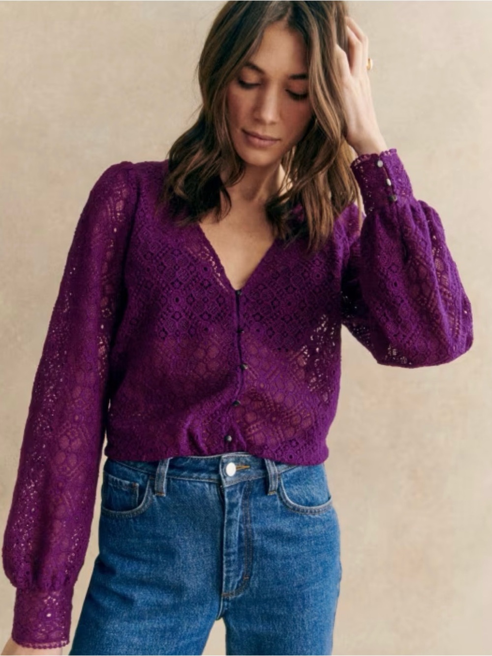 Sezane Plum Lace Button-Front Women's Top
